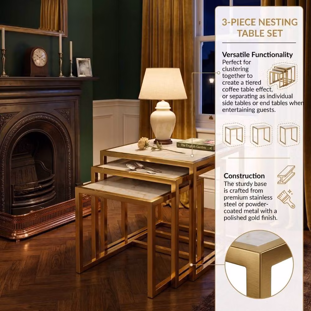Home Luxe Interior Massa Gold Nest of 3 Tables with Cream Marble Tops and Gold Metal Legs – 6