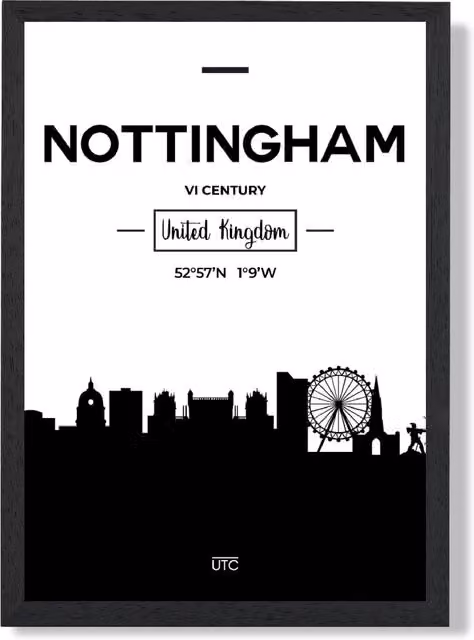 ARTZE Nottingham Black and White City Skyline Framed Paper Poster Print