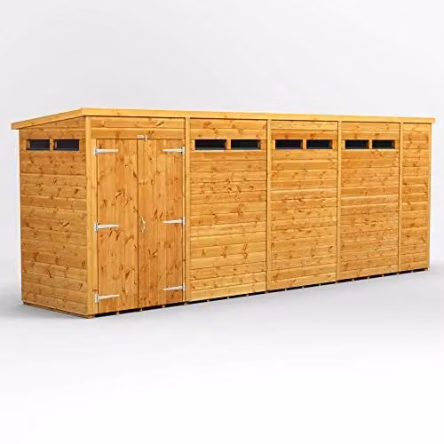 Powersheds Premium Pent Wooden Garden Security Shed in Brown with Double Doors and Toughened Glass Windows – 1