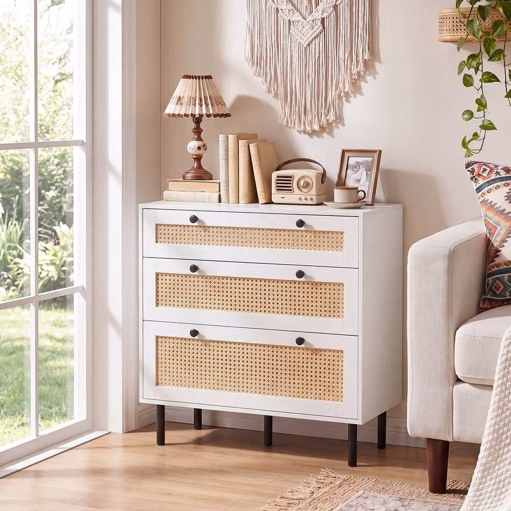 Gymax Boho Rattan Modern Chest of Drawers with 5 Metal Legs in White, Width: 75 cm – 2