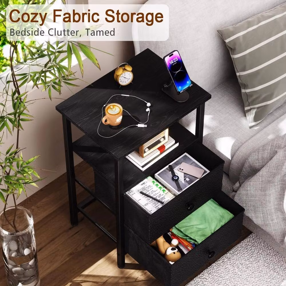 FORGEVIO Modern Bedside Table with 2 Fabric Storage Drawers, Black and Multicolour, W/D/H: 30 x 40 x 60 cm – 4