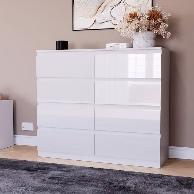 Vida Designs Glinton 8 Drawer Chest in White Glossy MDF