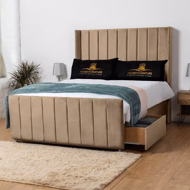 UK Bed Furniture Seoul Wingback Divan Bed with 54 Inch Headboard and 2 Drawers in Beige Velvet, Size: King (180 x 200 cm)