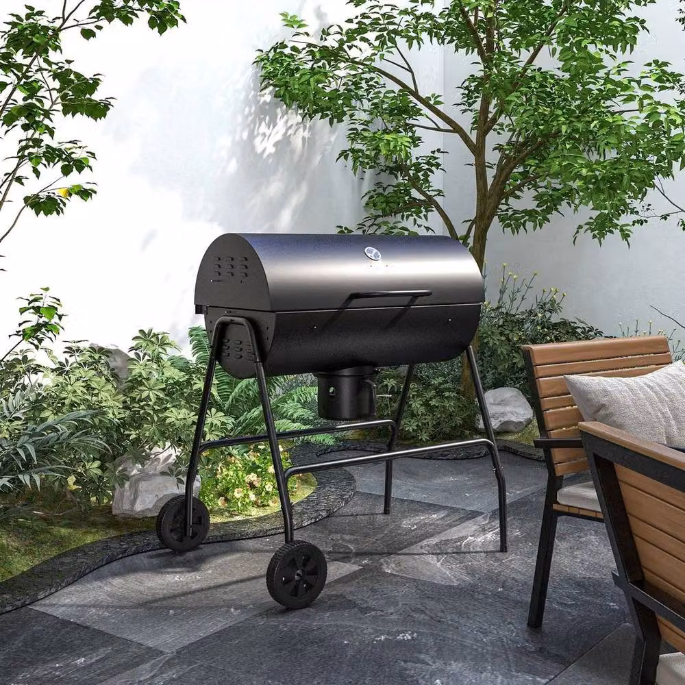 FLAVORA Barrel Charcoal Barbecue BBQ Grill Trolley with Warming Rack and Thermometer, Black, H x W x D: 102 x 71.5 x 95 cm – 6
