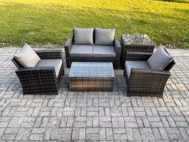 Fimous Outdoor Lounge Sofa Set in Dark Grey with PE Rattan, Coffee Table, Double Seater Sofa, Side Table and Upholstered Cushions