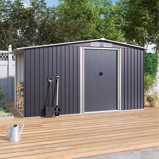 Breeins Metal Garden Shed with Log Store in Black, Height: 132 cm