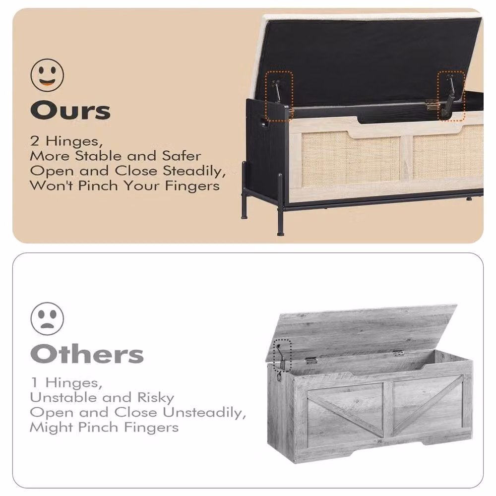 VOGREX Black Rattan Entryway Storage Bench and Chest Trunk – 4