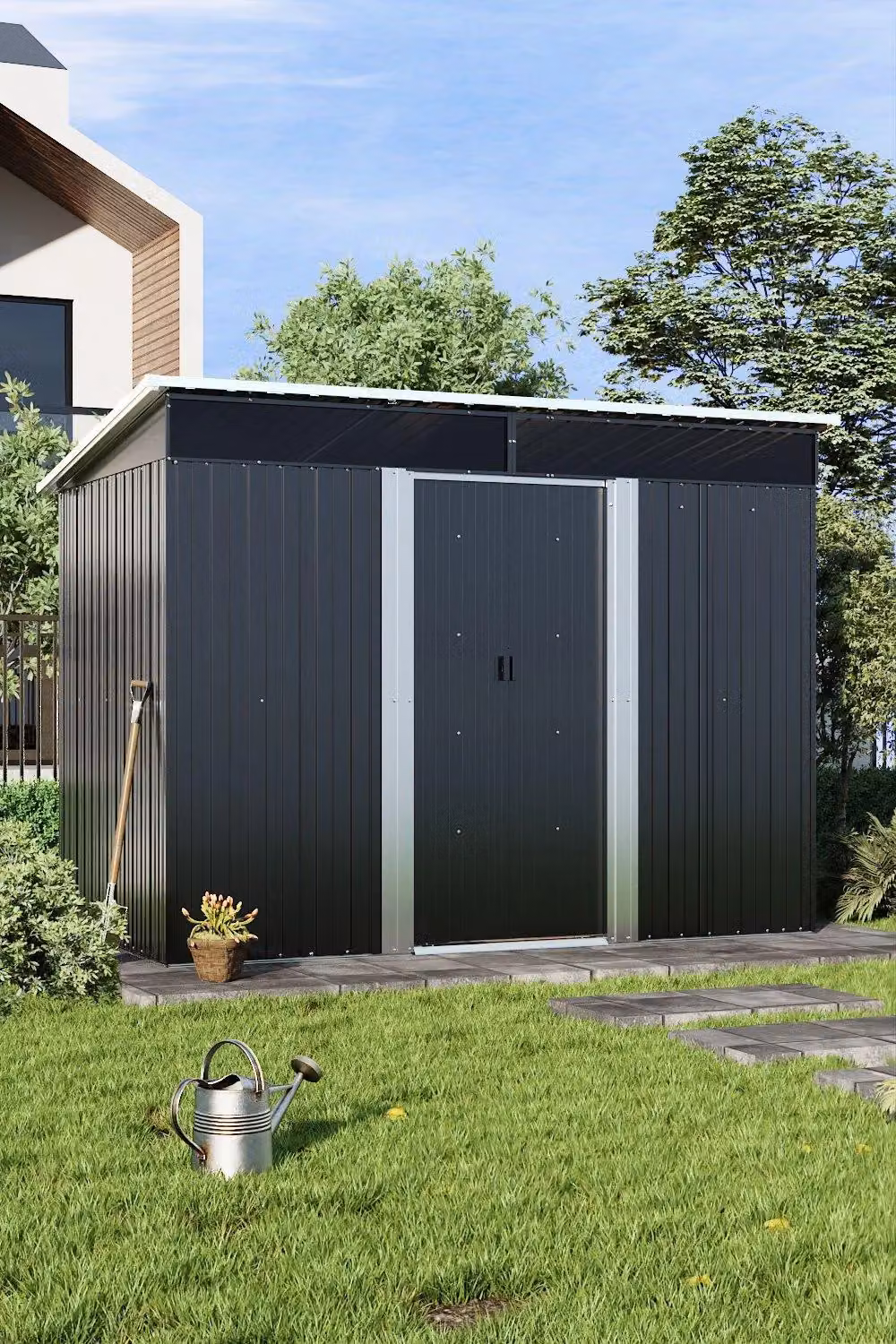 Garden Sanctuary Black Metal Pent Garden Storage Shed with Lockable Sliding Doors – 2