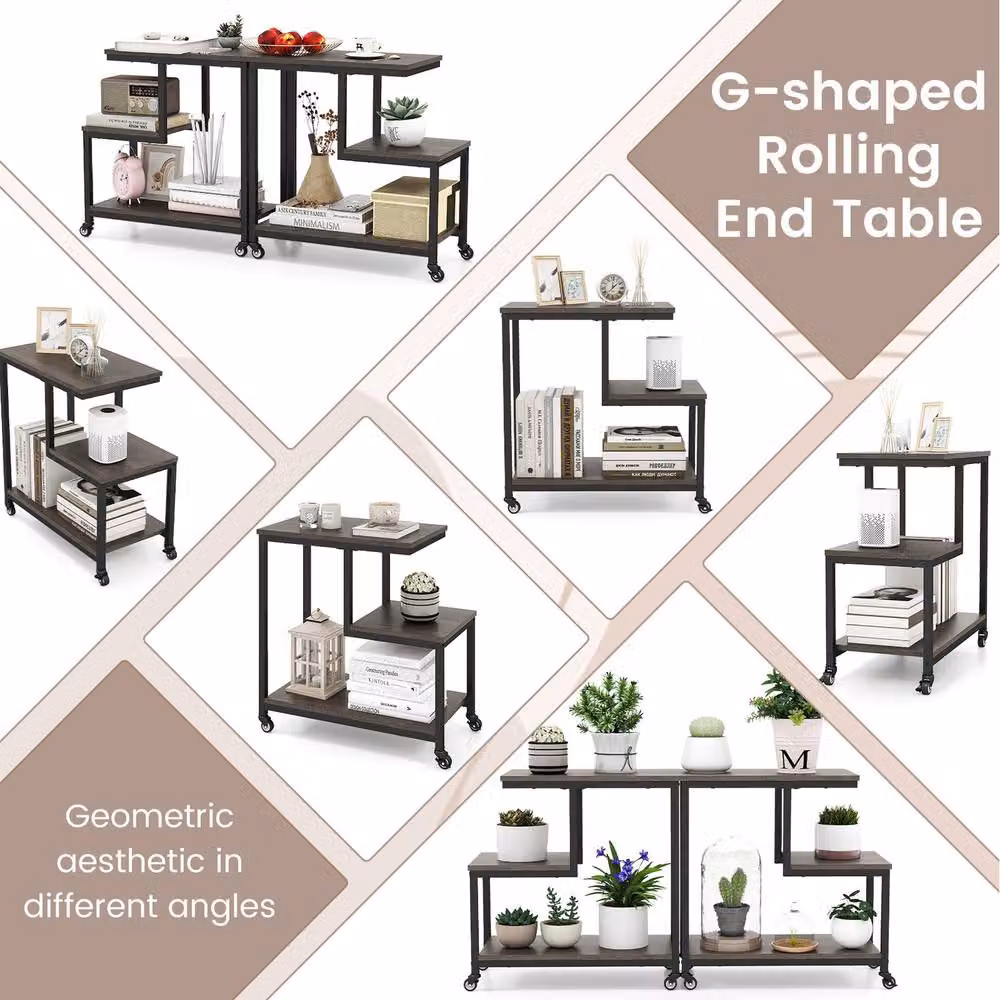 Costway G-shaped Rolling End Table in Grey with Castors and Serving Tiers – 2