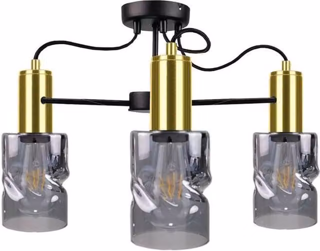 Netlighting Inger Multi Arm Semi Flush Ceiling Light in Black and Gold with Transparent Glass Cylinders, Diameter: 60 cm, 3x E27