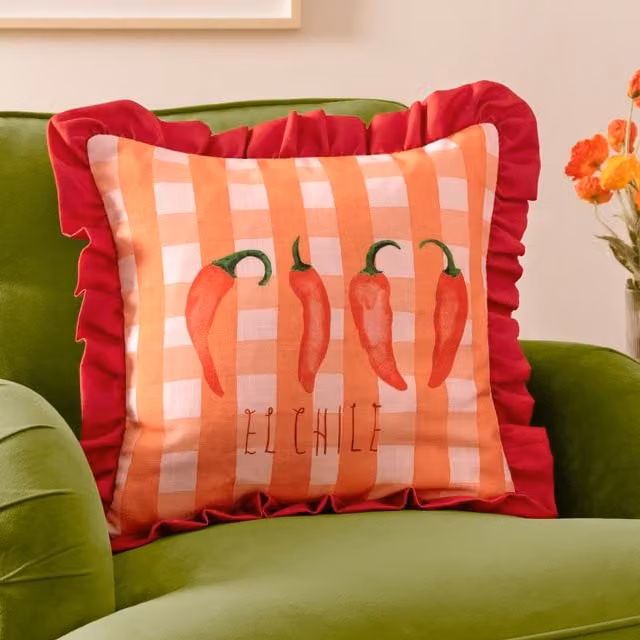 Furn Gingham Chilli Red Checked Ruffle Cushion, W/D/H: 43 x 43 x 43 cm – 1