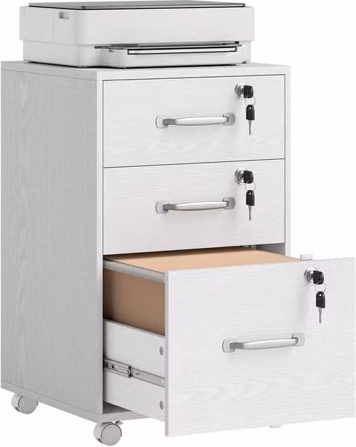 Kelvenix 3 Drawer Rolling Filing Cabinet in White with Lock and Castors – 1