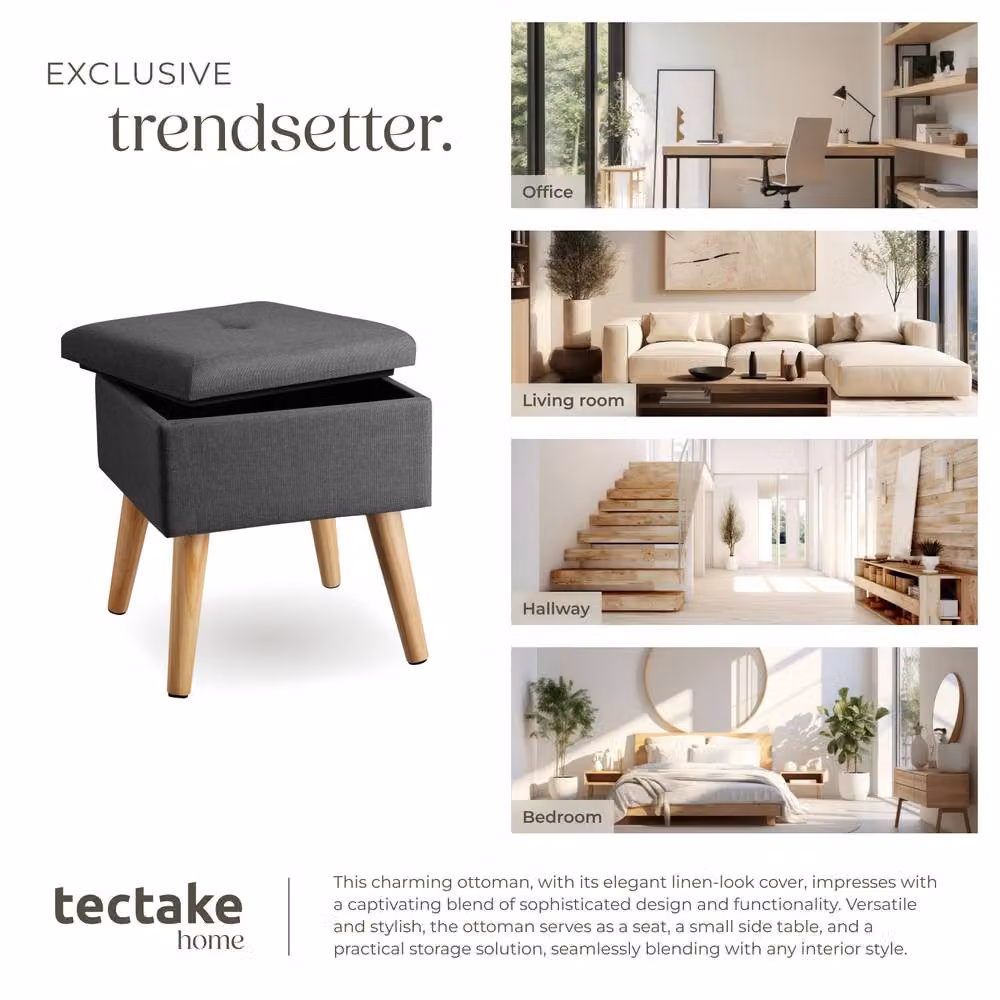 tectake Elva Padded Stool with Storage Space in Dark Grey Linen Look – 7