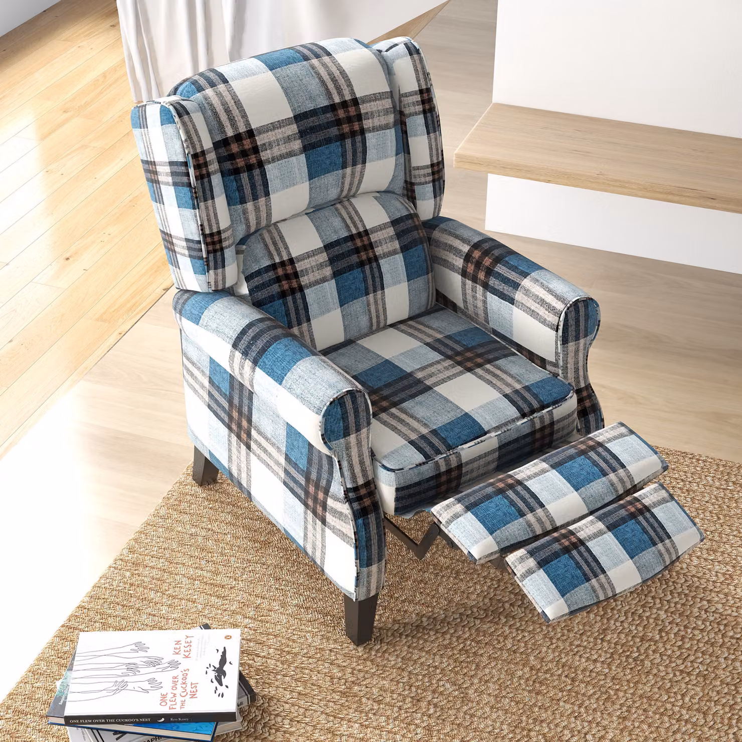 HOMCOM Blue Wingback Reclining Armchair with Integrated Footrest and Wood Legs – 8