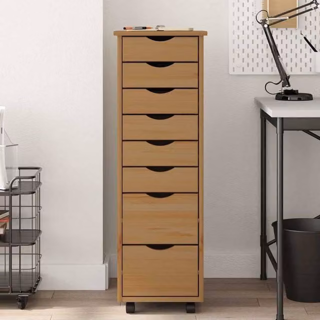 Berkfield Home Rolling Cabinet with Drawers in Moss Honey Brown Solid Wood Pine, H 103 x W 39 x D 34 cm