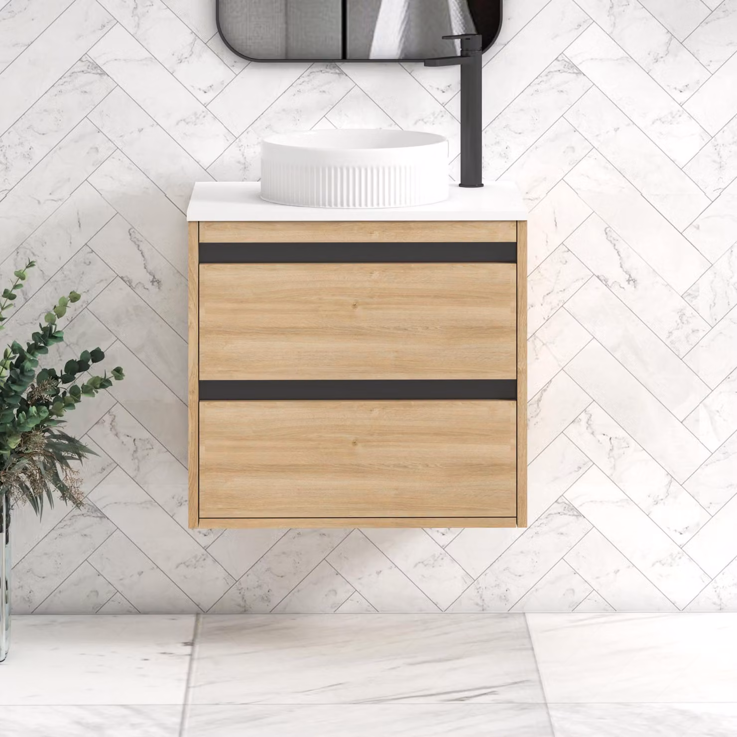 Royal Bathrooms Orion 600mm Natural Oak Wall Hung Vanity Unit with 2 Drawers, Plain White Countertop, Round Basin and Black Accent Trim