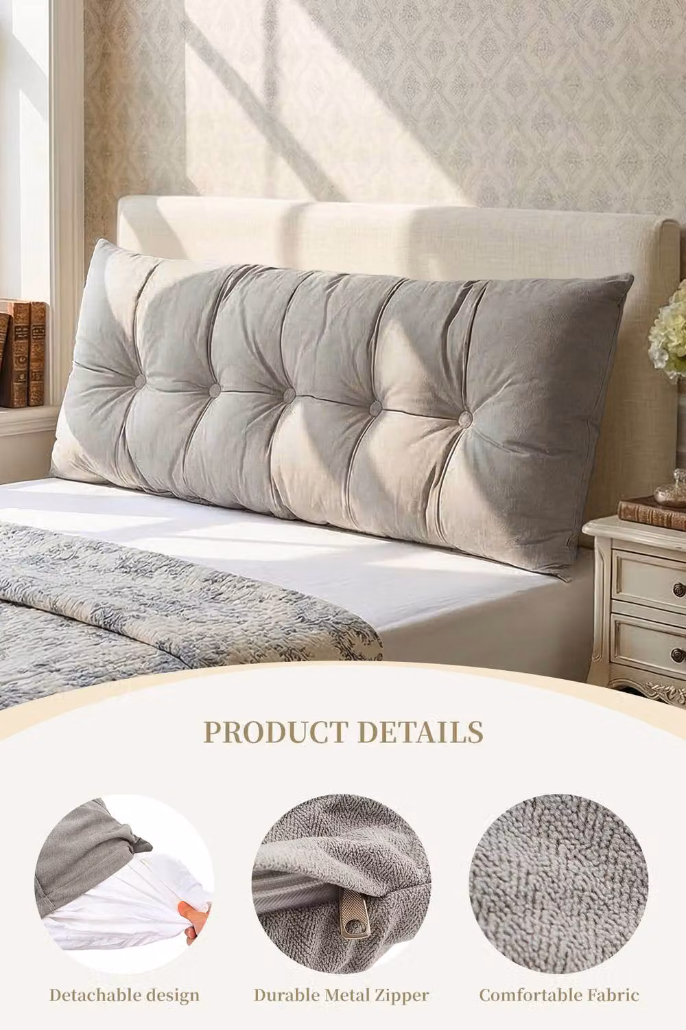 Living and Home Cozy Rectangular Upholstered Headboard Pillow in Grey Chenille and Cotton – 2