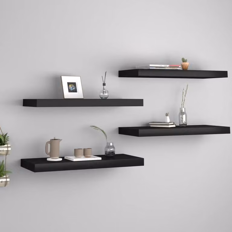 Berkfield Home Set of 4 Durable Floating Wall Shelves in Black MDF, W/D/H: 60 x 23.5 x 3.8 cm