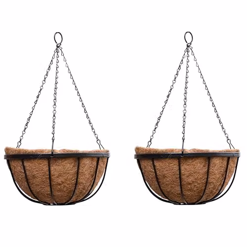 Thompson & Morgan Black Metal Hanging Basket Frames and Coconut Husk Liners for Trailing Plants, Diameter: 30 cm, Pack of 2