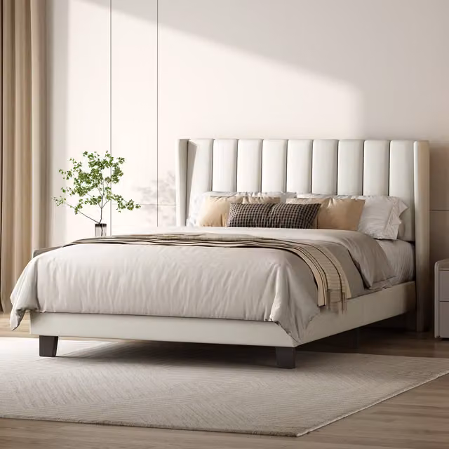 Yaheetech Modern PU Leather Platform Bed with Channel Tufted Headboard in Beige/White, W/D/H: 140 x 200 cm