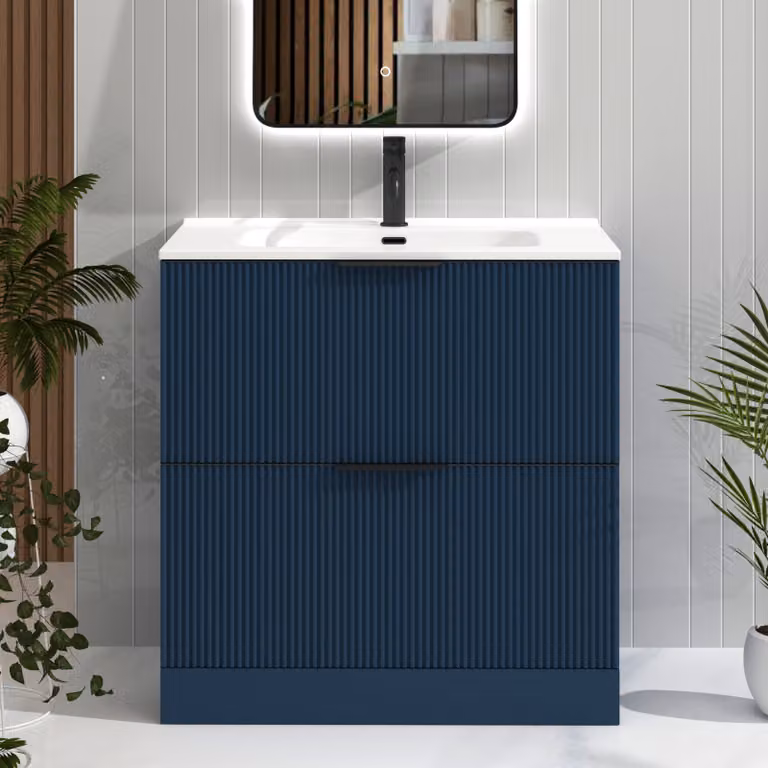 Royal Bathrooms Evora 800mm Midnight Blue Fluted Floor Standing 2 Drawer Vanity Unit with Ceramic Basin and Matt Black Handles