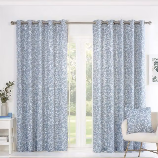 Sundour Sade Blue and White Floral Eyelet Curtains, Width: 229 cm, Drop: 183 cm