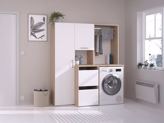 Erkano Freestanding White Laundry Washing Machine Cabinet with Wardrobe and Storage Column, H 184.4 x W 64.4 x D 65.8 cm