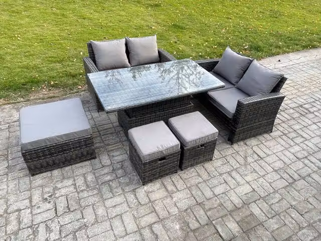 Fimous 7 Seater Wicker Rattan Garden Furniture Set with Rising Table and 3 Footstools, Dark Grey