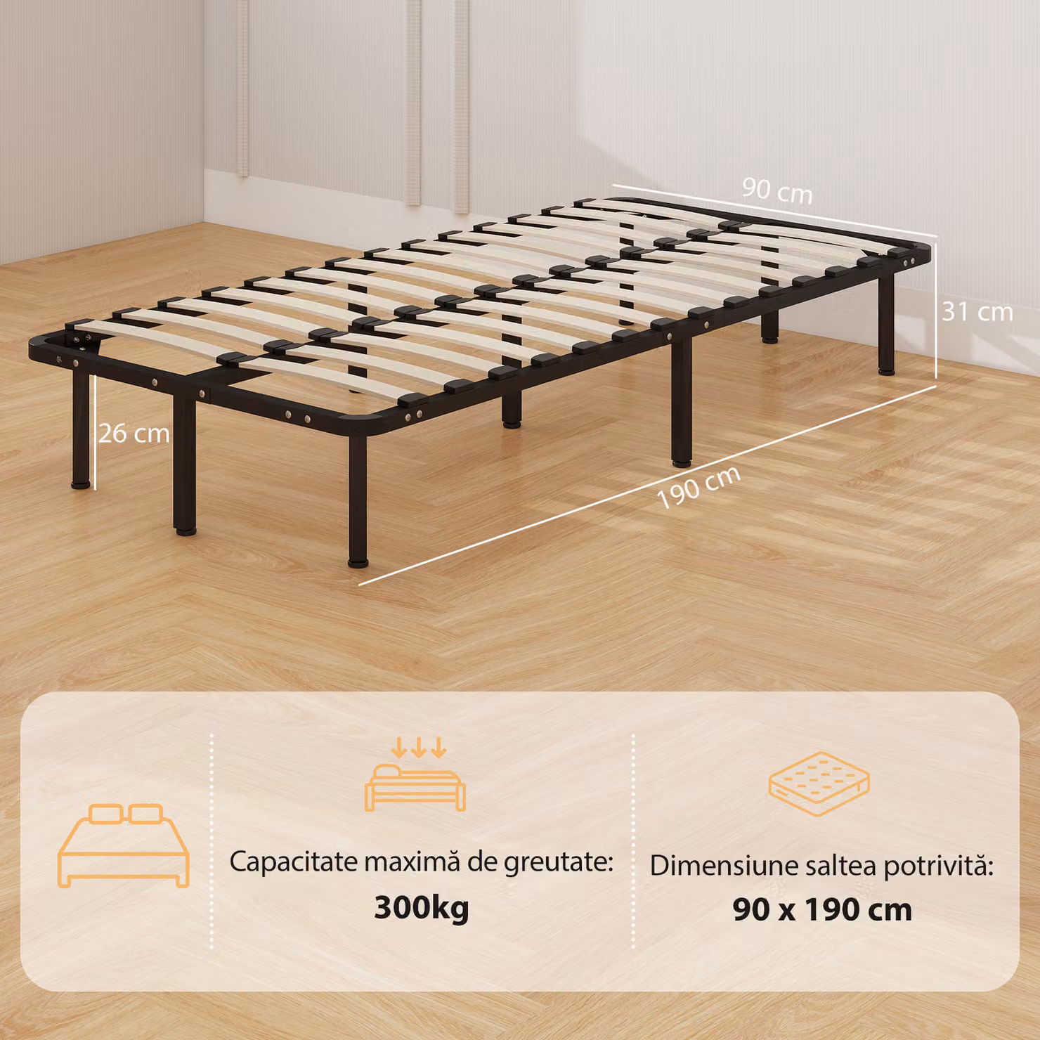 HOMCOM Single Metal Platform Bed Frame in Black with Wood Slats and Underbed Storage, W/D/H: 90 x 190 cm – 3