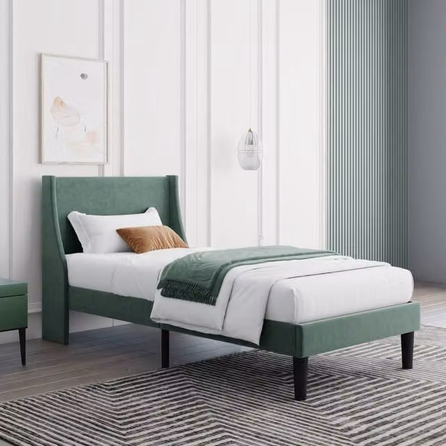 BTM Single Wingback Velvet Bed in Dark Green, W/D/H: 90 x 190 cm