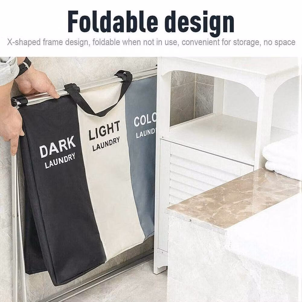 EONLION 3 Compartment Laundry Clothes Washing Storage Basket in Black with Handles and Collapsible Fabric Design, Height: 100 cm – 3