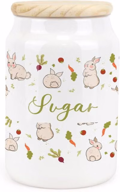 Purely Home Allotment Rabbits Floral Ceramic Sugar Storage Canister in Green and White