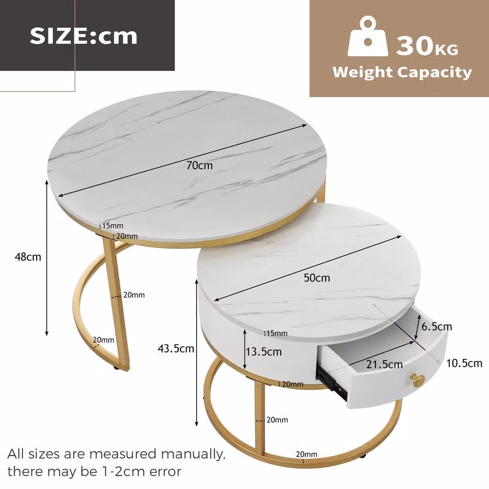 Merax Set of 2 Round Marble Effect Nesting Coffee Tables with Drawer in White and Gold – 5