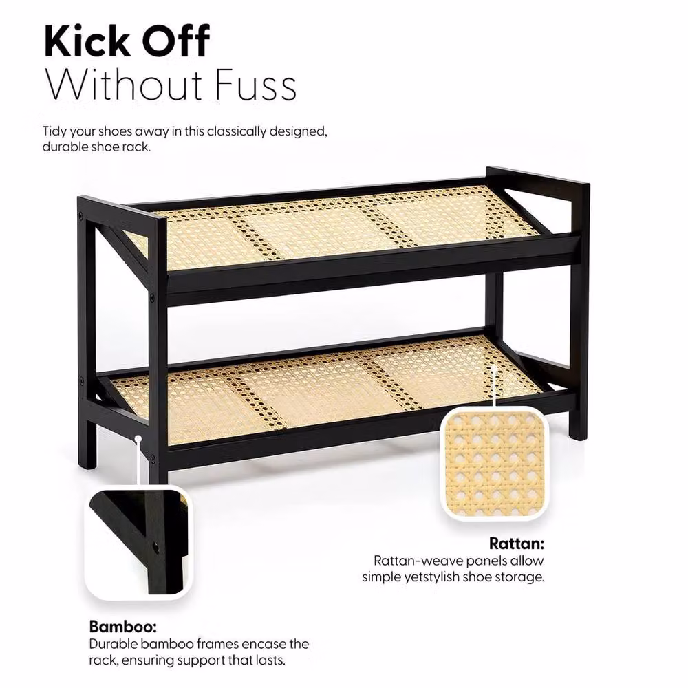 VOGREX 2 Tier Black Bamboo and Rattan Shoe Rack Organiser – 4