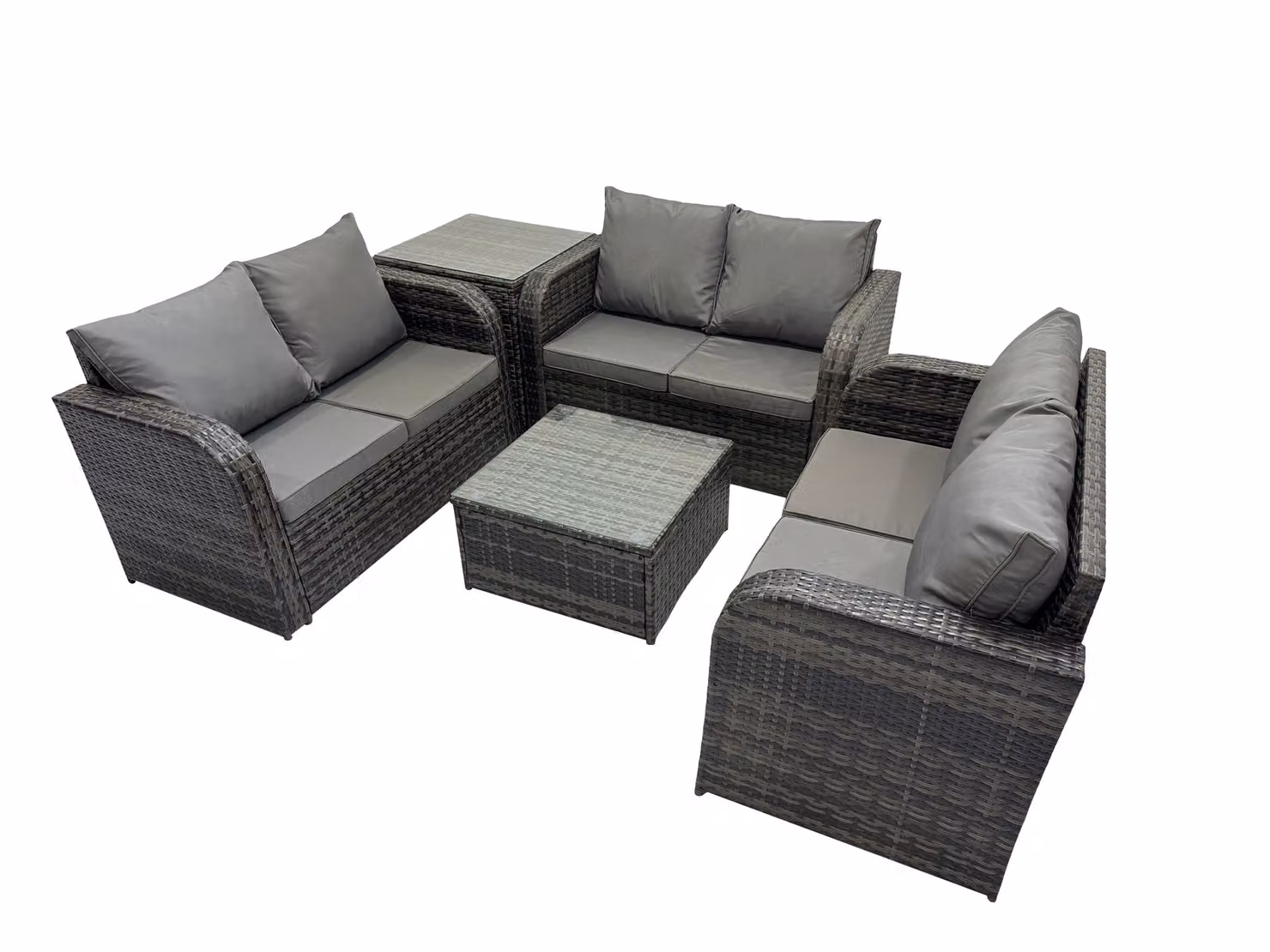 Fimous Love Grey Upholstered Outdoor Sofa, Square Coffee Table and Side Table Set with Metal Frame and Cushions – 2