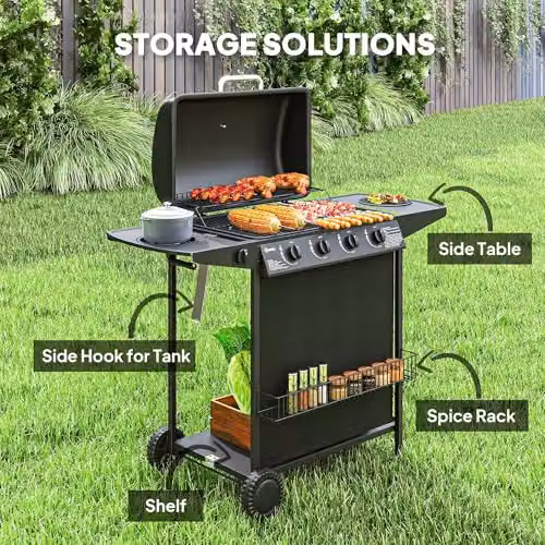 Outsunny 4+1 Burner Propane Gas BBQ Grill with Built-in Thermometer, Side Burner, Warming Rack and Wheels, Black – 5