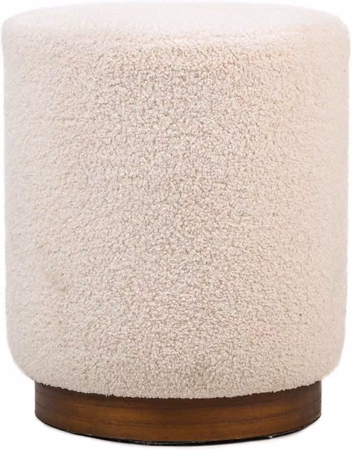 Nordlys White Bouclé Cylindrical Living Room Pouf with Brown Wooden Base – 1
