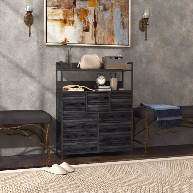 STILVORA Industrial Freestanding Chest of 7 Drawers with Shelves in Black Fabric and Metal