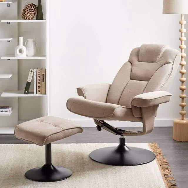 Wyld and Coco Recliner Armchair with Swivel and Ottoman in Beige Polyester – 1