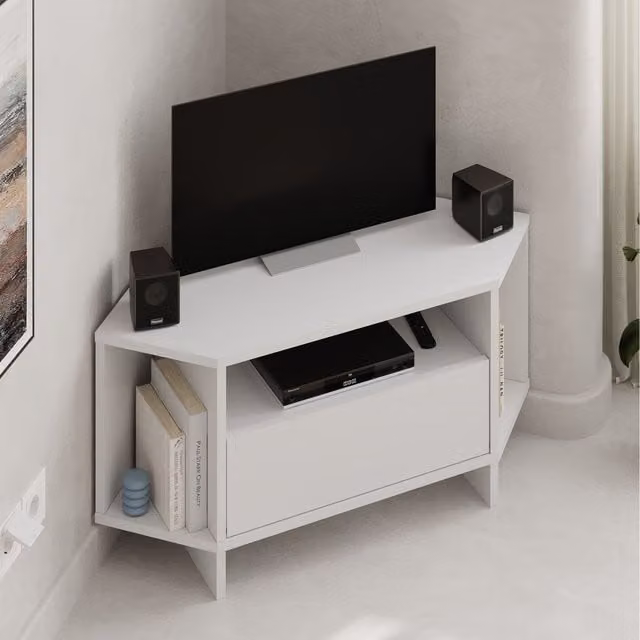 Decortie Viva Modern Corner TV Unit in White with Media Compartments, H 95.7 cm x W 45.3 cm x D 35.4 cm