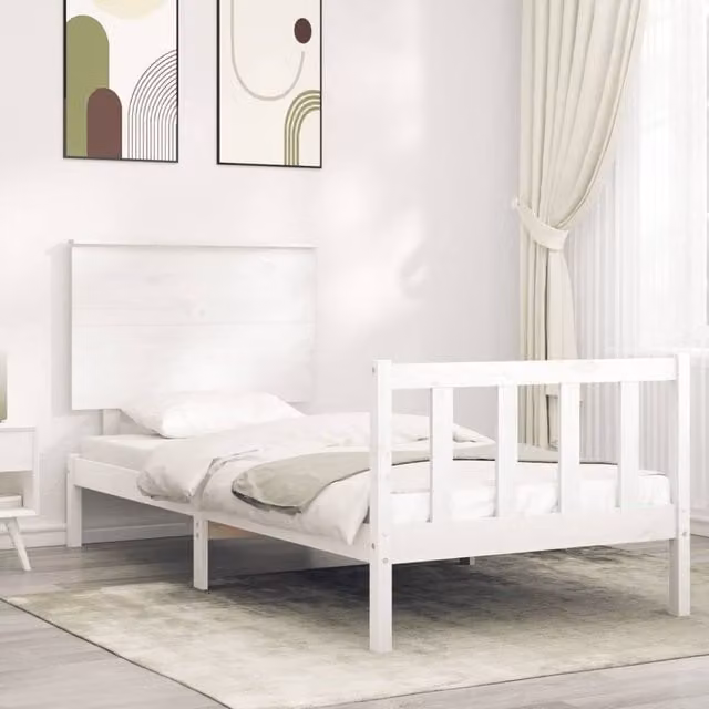 Berkfield Home White Solid Pine Wood Bed Frame with Headboard W/D/H: 100 x 200 cm