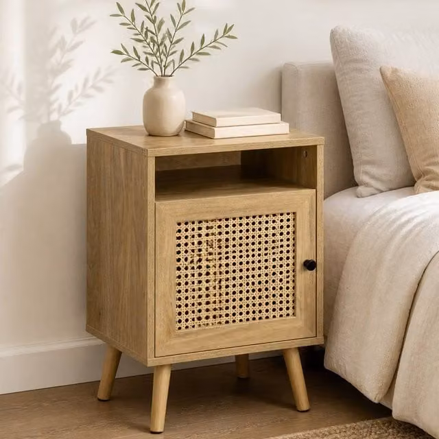 STILVORA Set of 2 Natural Wood and Rattan Wall Mounted Bedside Tables with Cupboard and Shelf in Brown