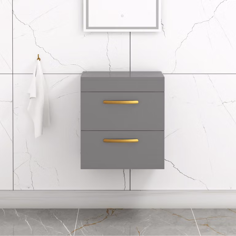 Royal Bathrooms 500mm Wall Hung 2 Drawer Vanity Unit in Indigo Grey Gloss with Brushed Brass Handles
