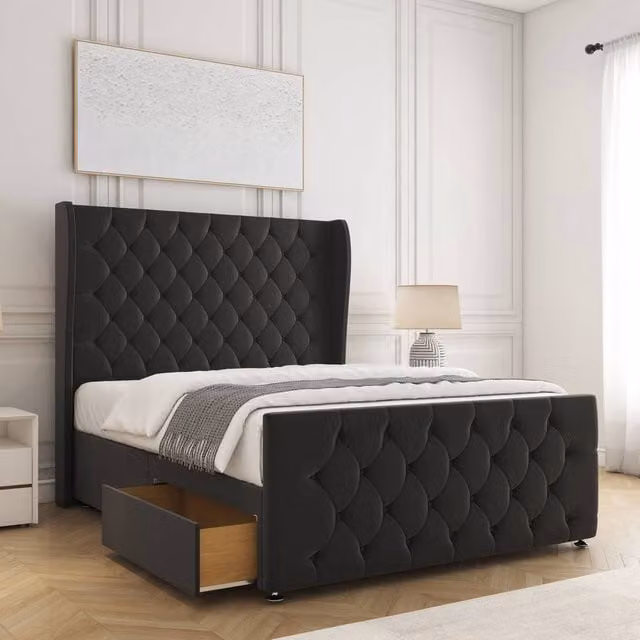 BSSPOKE Anna Plush Velvet Small Double Divan Bed with 54 inch Headboard and 2 Drawers in Black, W/D/H: 120 x 200 x 30.48 cm