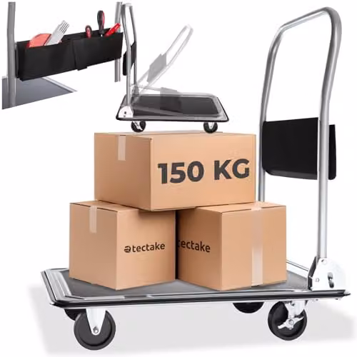 tectake Platform Trolley in Black with 150 kg Load Capacity, Foldable Handle, Storage Pocket and 4 Castors including 2 Lockable Brakes