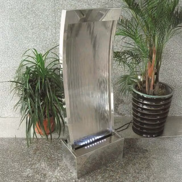 Primrose Peking Stainless Steel Curved Cascade Water Feature with LED Lights in Silver