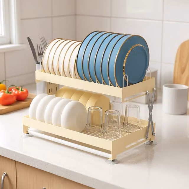 Lifeideas 2-Tier Foldable Carbon Steel Dish Drainer with Cutlery Holder and Drip Tray, White