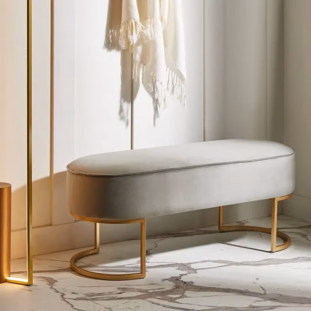 Wyld and Coco Light Grey Velvet Bed Bench with Gold Metal Legs and Oval Seat