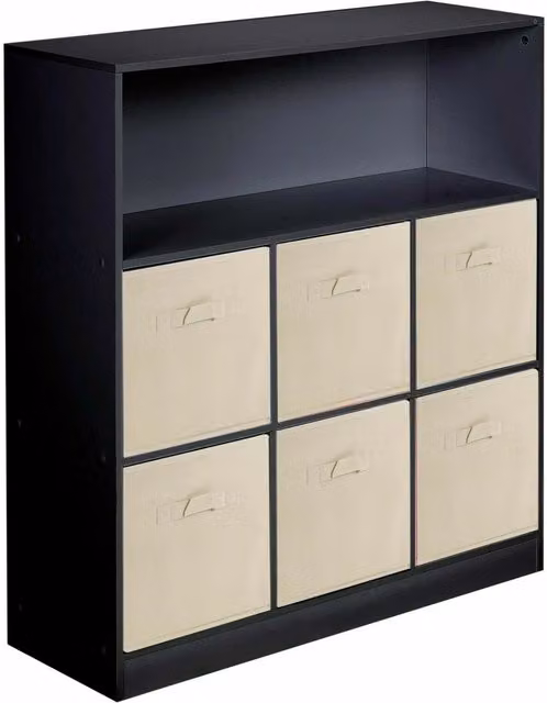 EONLION Black Wooden 7-Cube Storage Unit with Beige Drawers