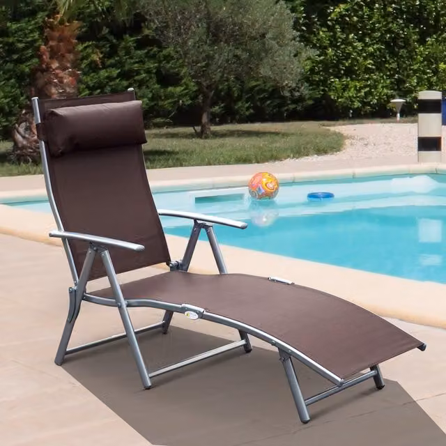 Outsunny Sun Lounger Recliner with Adjustable Headrest and Microfibre Pillow in Brown and Silver